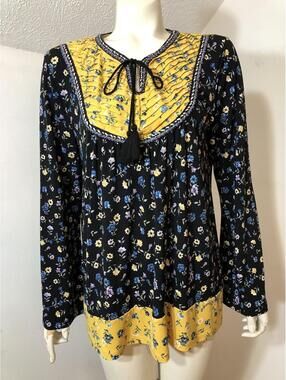 Style Co Womens Medium Top Boho Pleated Yoke Floral Black Yellow Tunic Peasant